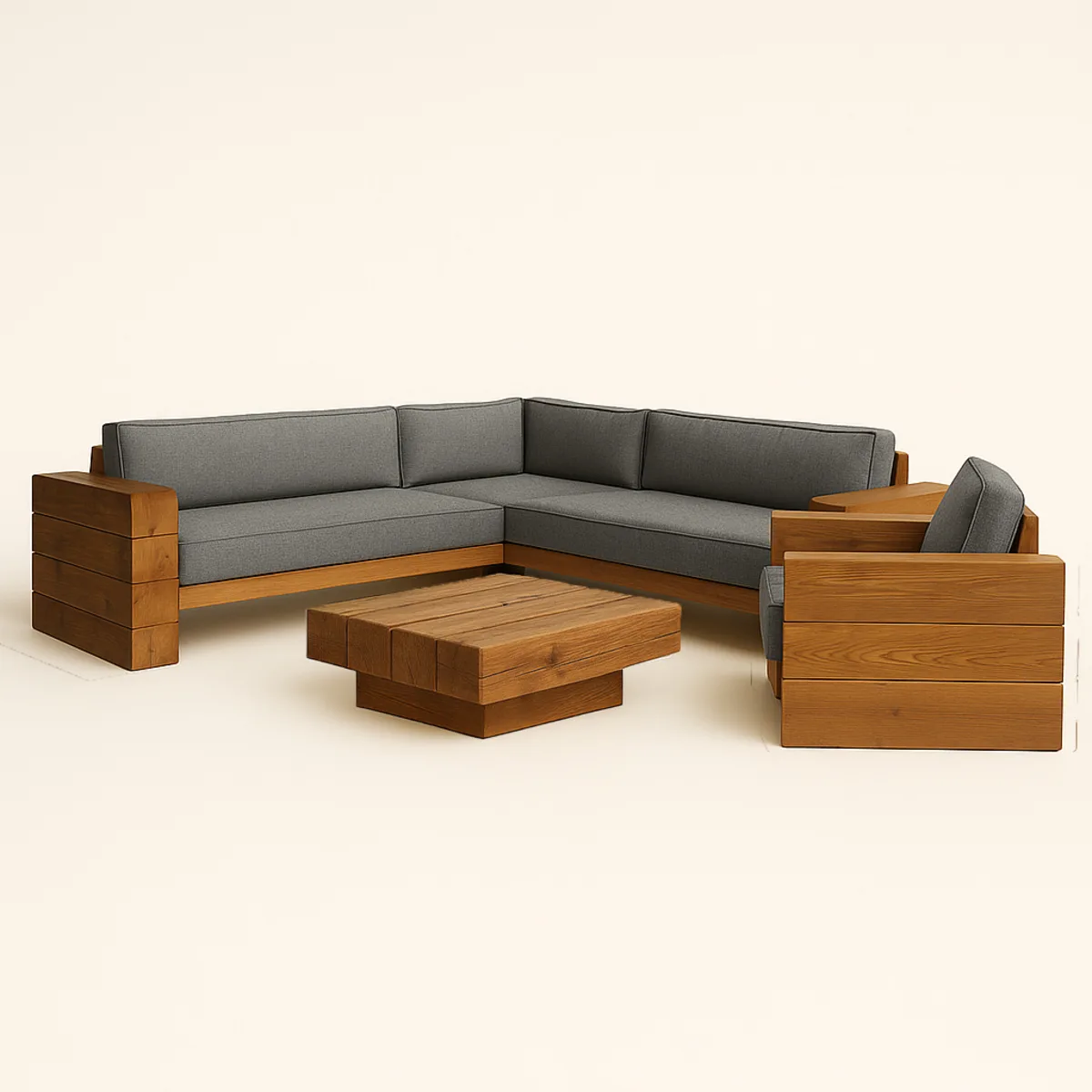 Gartenlounge-Set aus Massivholz mit grauen Polstern und Loungetisch