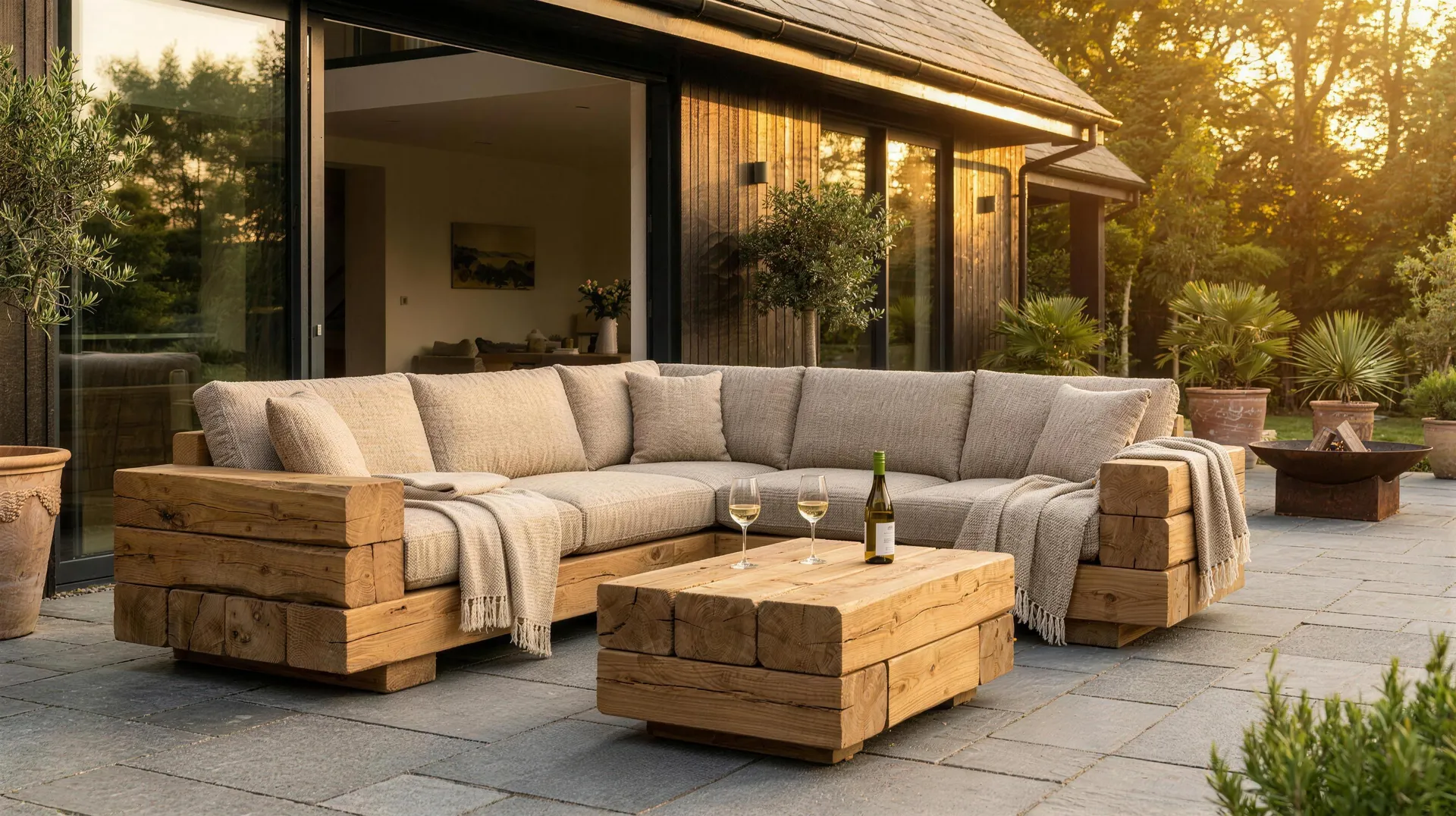 A8P Gartenlounge aus massiven Eichenbalken auf einer modernen Terrasse